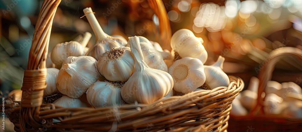 Poster close up of garlic in a basket with selective focus inviting copy space image