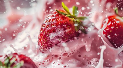 Strawberries in Milk Splash Close-Up