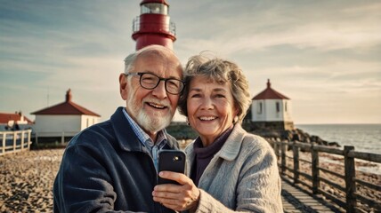 Elderly Couple Taking Selfie by Lighthouse