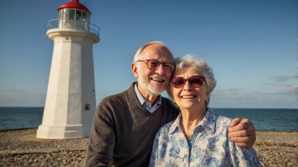 Happy Senior Couple at Lighthouse