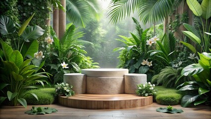 A stone and wooden platform in the middle of a lush forest for displaying natural beauty products