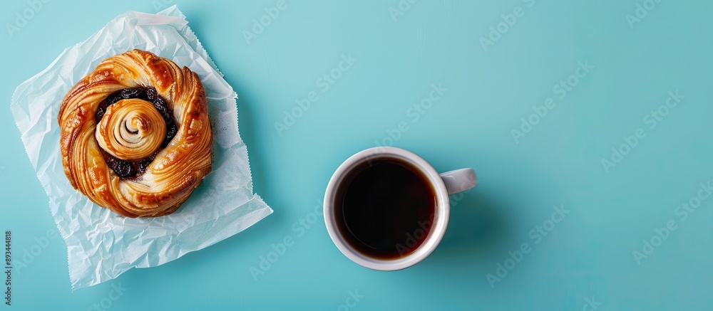 Poster top view of a fresh danish pastry with raisins accompanied by a cup of black coffee on a blue table 