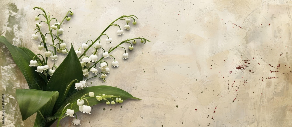 Aufkleber design for a spring greeting card featuring a small bouquet of lilies of the valley with copy space 