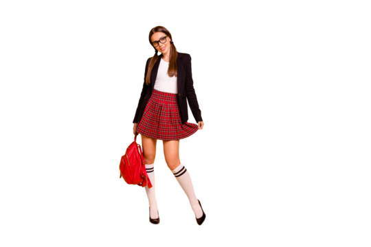 Full length body size view photo cute attractive lady long tails  back school academic content enjoy touch dress checked eyewear eyeglasses white knee-socks isolated yellow background plaid long