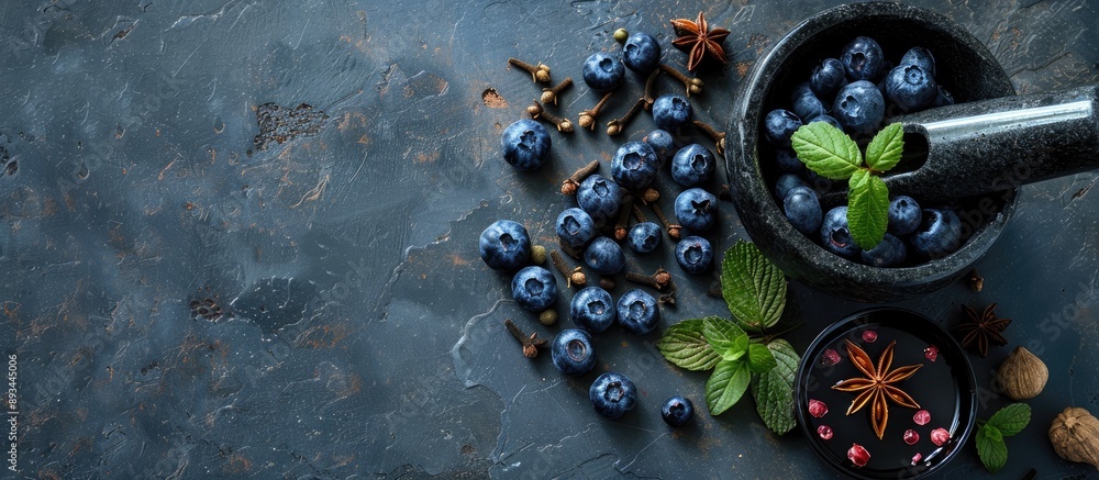Poster Using a mortar and pestle to make a sauce with blueberries anise star and cloves in a copy space image