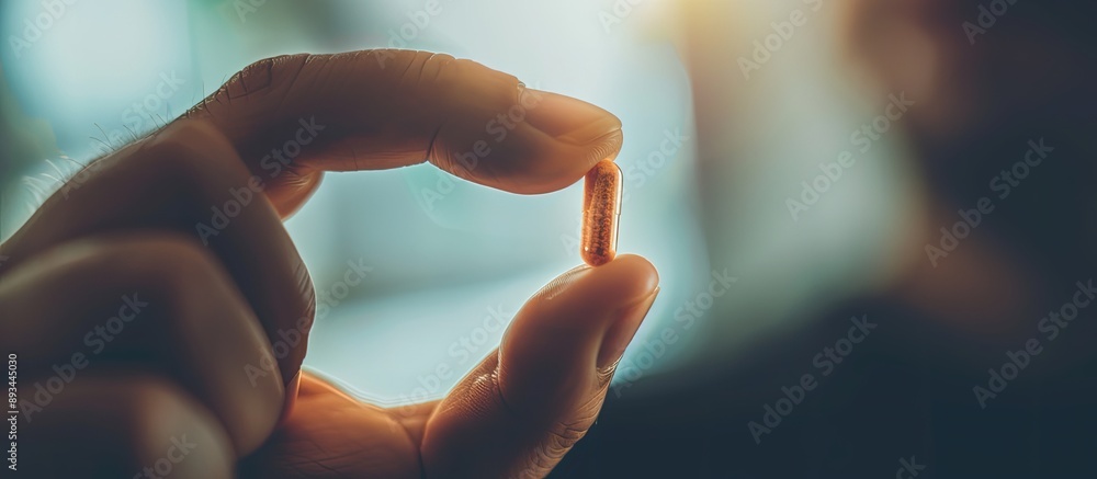 Poster A man s hand holding a capsule pill in focus depicting concepts of medicine healthcare and treatment with a background suitable for adding text or images copy space image