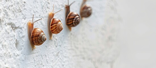 Selective focus on garden pests common snails climbing a white wall in a copy space image