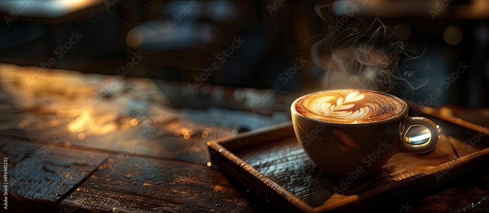 Leinwandbilder capture the top view of a steaming cappuccino in a coffee cup featuring latte art placed on a wooden