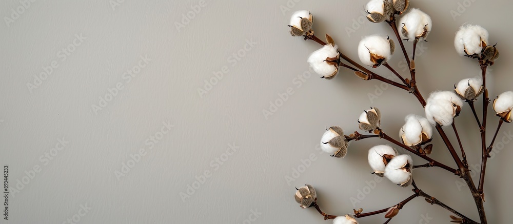 Poster A cotton flower branch is showcased on a soft grey wall from above creating a mockup with copy space image for plant decor in the corner of photos