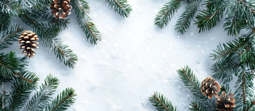 Poster Fir tree Christmas frame on snowy white backdrop with copy space image