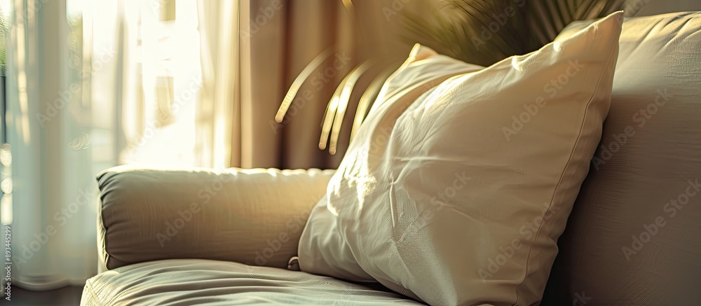 Poster close up image of a soft fabric pillow decoration on a beautiful sofa in a living room home design c