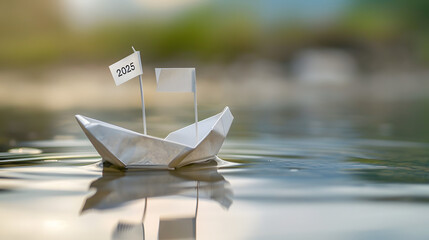 bateau en papier avec drapeau 2025 - carte de nouvel an