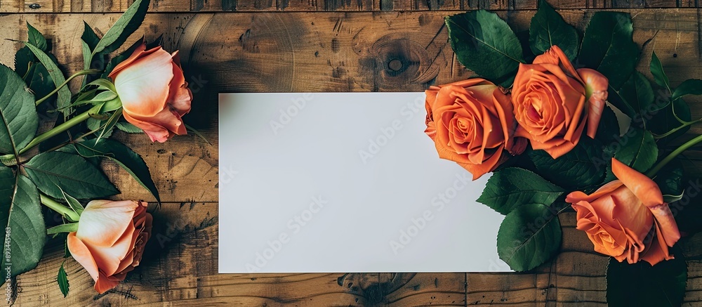 Aufkleber Flat lay with a creative mockup layout featuring roses on a table with an empty sheet of paper and a card including an orange rose for copy space image