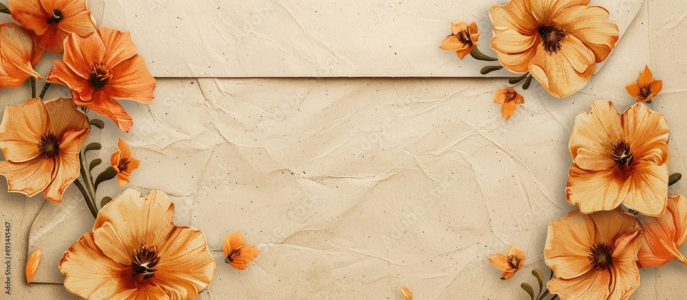Leinwandbilder Kraft paper envelope adorned with lovely orange flowers and a blank space for a message. with copy space image. Place for adding text or design