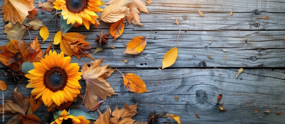 Poster Sunflowers on aged wooden board with a Fall theme creating a charming copy space image