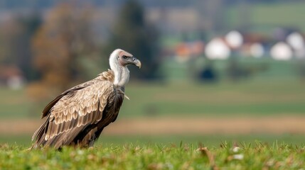 Fototapeta premium A griffon vulture stands on a grassy hillside, looking towards the horizon. Green hills roll out in the distance, with small trees and shrubs scattered throughout the landscape