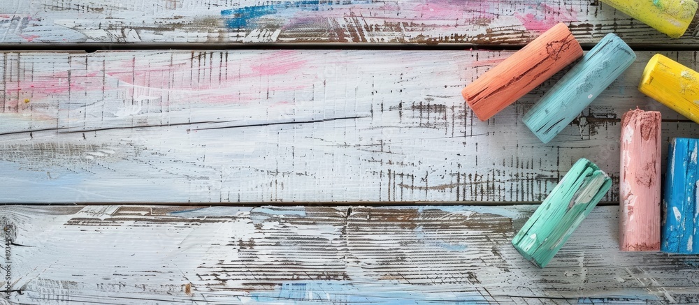 Poster white wooden table with chalks displayed providing ample copy space image