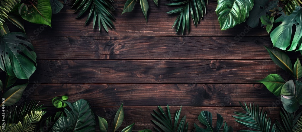 Aufkleber Top down view of dark toned wooden backdrop with tropical foliage creating space for graphics or text input. with copy space image. Place for adding text or design