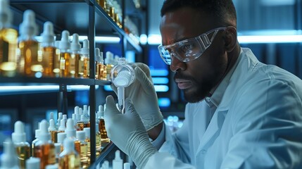 Focused scientist analyzing liquid samples in a modern pharmaceutical lab, quality control in medicine; Concept of research, scientific innovation, and healthcare industry standards