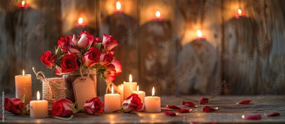 Poster a charming arrangement of red roses tied with a tag surrounded by lit candles set against a rustic w