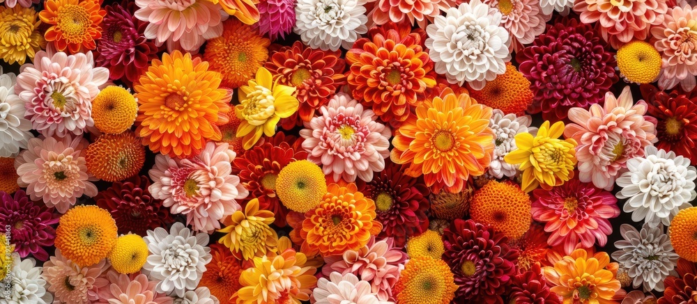 Poster colorful background with an abundance of chrysanthemum flowers and seeds providing an ideal copy spa