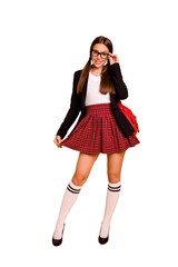 Vertical full length body size view of her she nice attractive lovely sweet winsome feminine content cheerful cheery teen girl touching glasses isolated over bright vivid shine yellow background