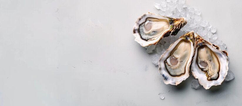 A high quality Oyster Fine de Claire with a creamy texture displayed against a clean backdrop creating a professional look with copy space image