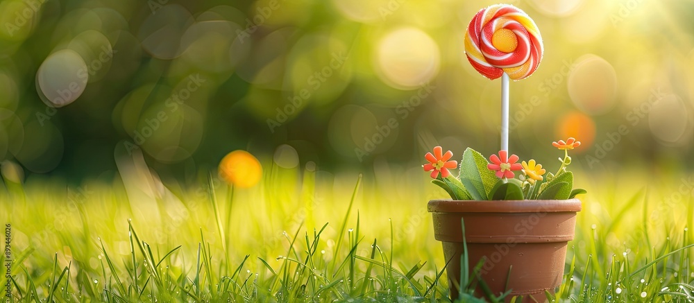 Aufkleber Spring concept depicted with a candy lollipop flower placed in a flowerpot surrounded by grass creating a cheerful scene with copy space image