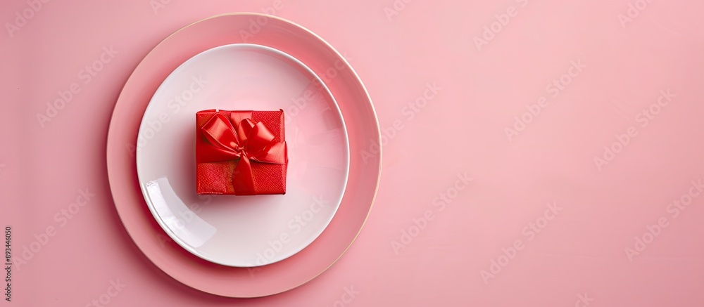 Poster Minimal concept with a romantic touch showcased in a festive table setting featuring a red gift on a plate against a pink backdrop ideal for Valentine s or Mother s Day with ample copy space in the t
