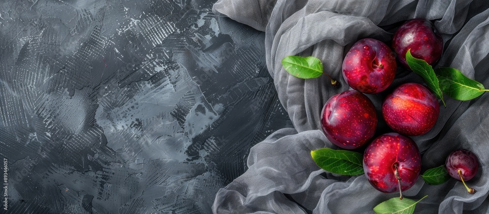 Aufkleber Fresh ripe plums with leafs are displayed on a table with grey gauze fabric seen from above offering copy space in the image