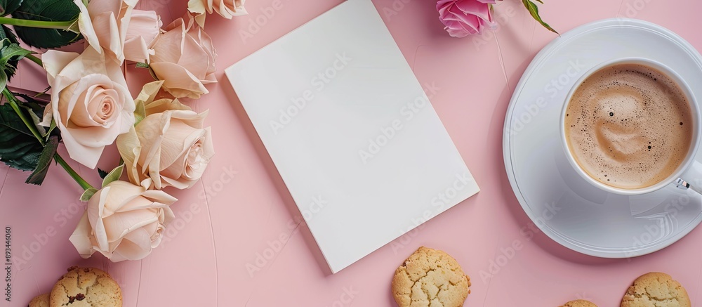 Poster feminine workspace setup featuring a flat lay home office desk with a blank notebook coffee cup cook
