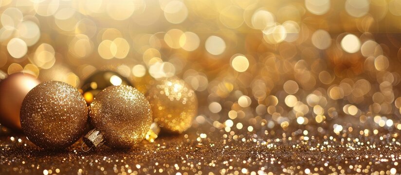 Golden glitter forms the backdrop for Christmas ornaments providing ample copy space for customization