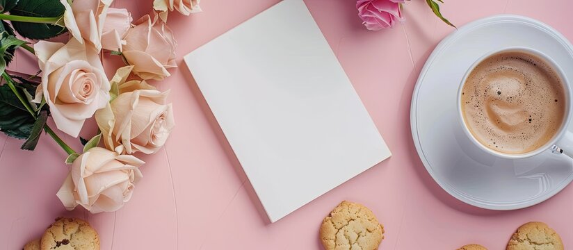 Feminine workspace setup featuring a flat lay home office desk with a blank notebook coffee cup cookies and roses on a pink background Ideal for text overlay. with copy space image - Powered by Adobe