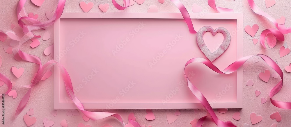 Poster women s day concept with pink ribbon and heart design in a frame with copy space image