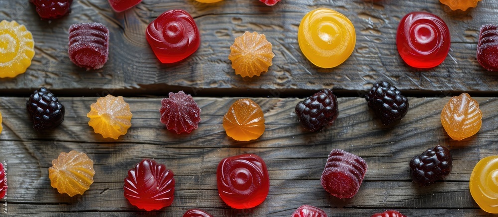 Poster An appetizing assortment of hard candies displayed on a wooden surface in a flat lay composition with room for text in the image. with copy space image. Place for adding text or design