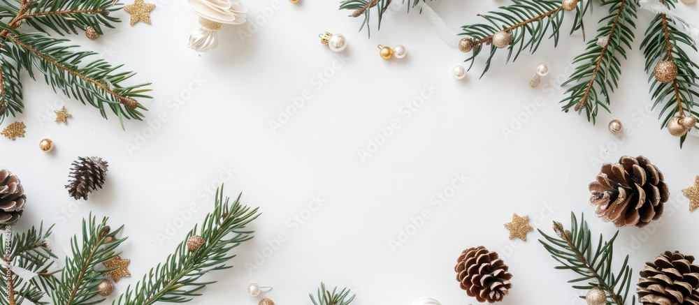 Poster Top down flat lay of a New Year greeting arrangement featuring pine branches cones and beads on a white background surrounded by a frame for a copy space image
