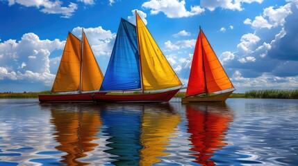 Three sailboats are sailing in the water, with one of them being red