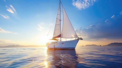 A sailboat is sailing on a calm sea with a beautiful sunset in the background