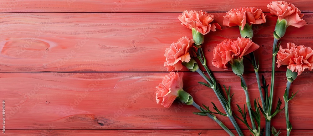 Poster mother s day photography concept featuring lovely carnations on a template card set against a vibran