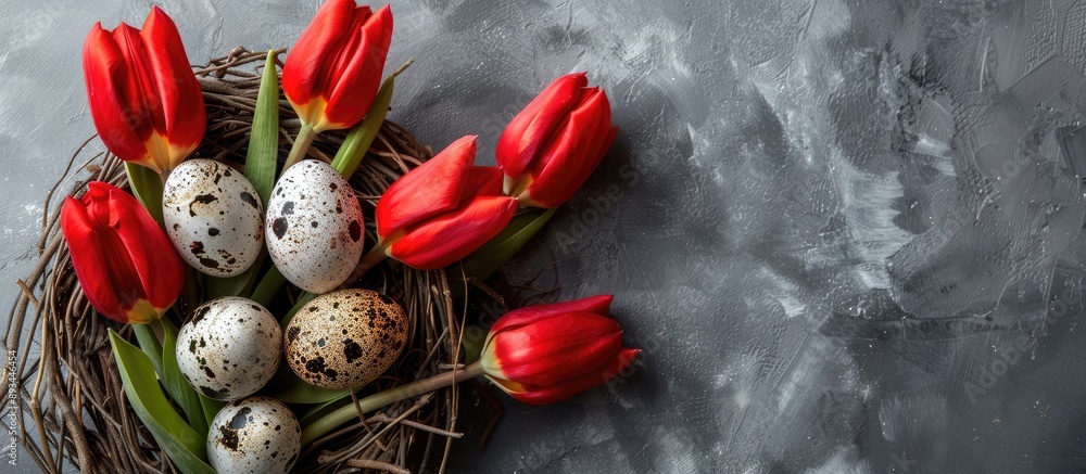 Aufkleber Spring and Easter themed composition featuring lovely red tulips vibrant quail eggs in a nest on a soft gray background ideal for a copy space image