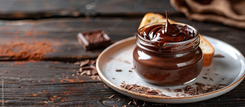 Leinwandbilder chocolate cream in an open glass jar and a slice of bread with a chocolate spread on a white plate a