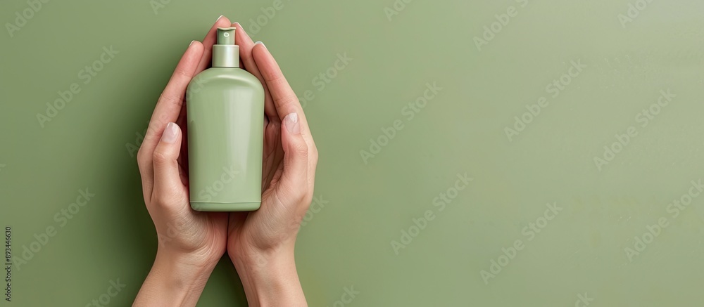 Poster top view of a woman holding a shampoo bottle against an olive background with ample copy space image