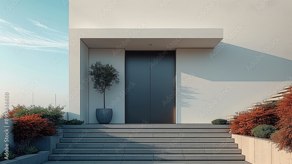 Poster simple modern house front entrance with right side of door empty wall. generative ai.