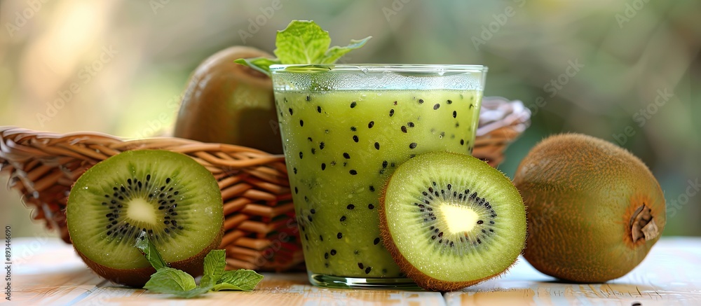 Poster fresh kiwi and a glass of puree displayed alongside a basket in a health conscious photo featuring c