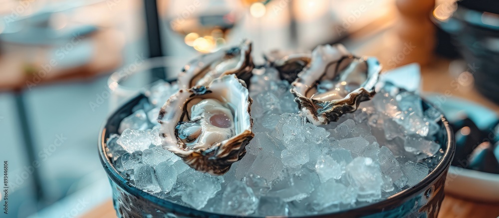 Poster Bucket of ice with fresh oysters placed on a table at the Japanese restaurant ready for serving appealing to seafood enthusiasts in a copy space image