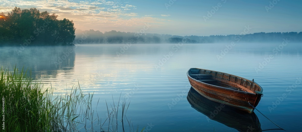 Poster a serene lake with a small boat against a backdrop of a tranquil morning in summer perfect for a cop