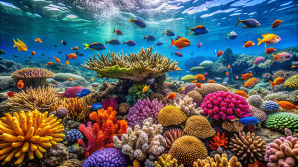 Vibrant hard coral formations thrive in an underwater landscape teeming with diverse fish species, showcasing the beauty and diversity of marine life in crystal-clear waters.