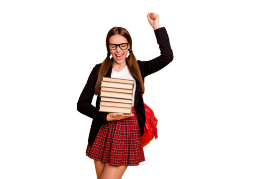 Portrait tails thrilled lady teenager eyewear eyeglasses aims good marks courses raise fist scream yeah close eyes red checked plaid pullover sweater skirt black jacket isolated yellow background