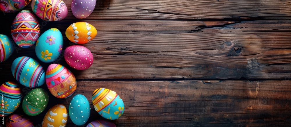 Leinwandbilder vibrant easter eggs displayed on a wooden surface with available space for text ideal for flat lay p