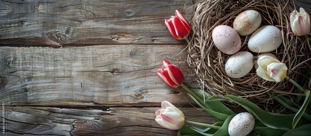 Fototapete Easter themed greeting card with eggs in a nest tulips and rustic wood background ideal for adding text within the copy space image